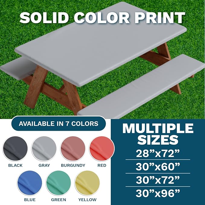 Picnic Table Cover with Bench Covers -Fitted with Elastic, Vinyl with Flannel Back, Fits for Table 30"x 96" Rectangle,Water Proof, Solid RED Design