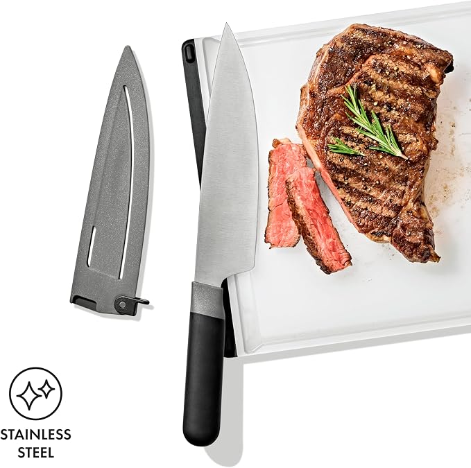OXO Good Grips 8 in Chef’s Knife with Locking Sheath, Sharp Stainless Steel Kitchen Knife for Chopping, Dicing, and Mincing Herbs and Meat, Cooking Essential with Protective Cover