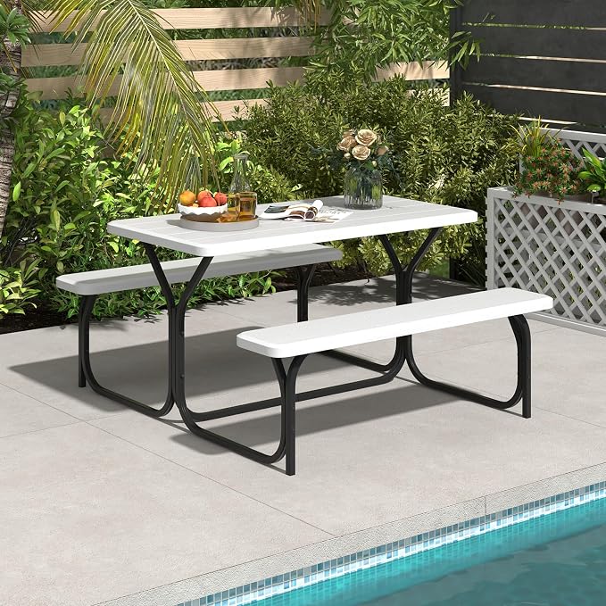 Picnic Table, Outdoor Dining Table with 2 Benches, Wood Grain Tabletop, Heavy Duty Metal Frame, Portable Picnic Table for Outdoors Backyard Garden Lawn Patio Poolside Deck (White)