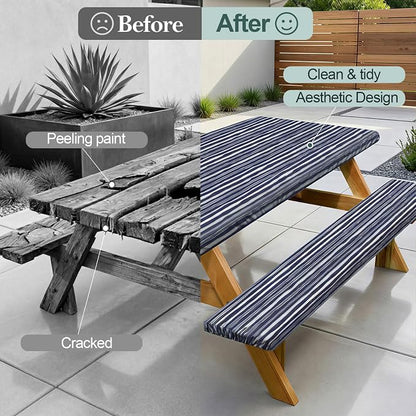 Picnic Table Cover Bench Covers Camping Essentials Tablecloth | Waterproof Vinyl for Outdoor, Windproof Elastic Fitted Edges, RV BBQ Accessories Must Haves, Storage Bag Included
