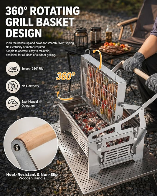PYY Upgraded 360° Rotating Barbecue Grill Outdoor Rotating BBQ Grill | Easy Flip Grill, Heat-Resistant Wooden Handle, Thickened SUS Food Grade Mesh, Adjustable Height Grill & Charcoal Tray