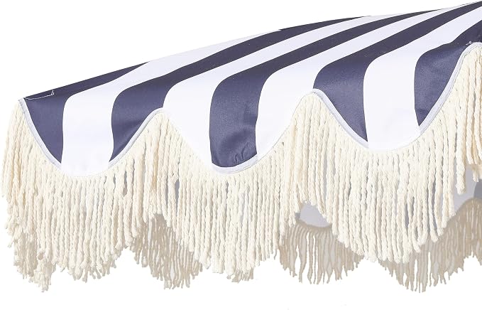 JONATHAN Y Mariner 6.5 ft. Striped Fringe Beach Umbrella, Navy/White | Push-Button Tilt, UV 50 Protection, Matching Carry Bag, Iron Pole, Wind Vent, Scalloped Round Canopy, Coastal Style