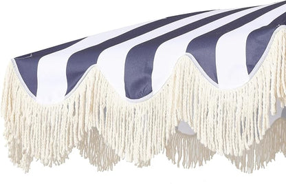 JONATHAN Y Mariner 6.5 ft. Striped Fringe Beach Umbrella, Navy/White | Push-Button Tilt, UV 50 Protection, Matching Carry Bag, Iron Pole, Wind Vent, Scalloped Round Canopy, Coastal Style