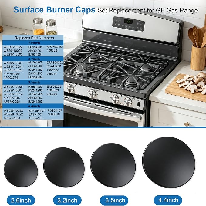 Upgraded 4Pcs Matte Surface Burner Caps Set Fits for GE&Hotpoint&Haier 30" Gas Range/Cooktop,WB29K10022-1 Small Cap WB29K10023-1 Medium Cap WB29K10024-1 Large Cap WB28K10222-1 X-Large Cap(Matte Black)
