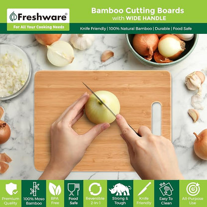 Freshware Bamboo Cutting Board Set of 3, Wooden Cutting Boards for Kitchen, Knife Friendly Food Grade Chopping Board, Lightweight with Hanging Hole for Easy Storage