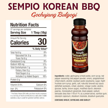 Sempio Korean BBQ Gochujang Bulgogi Marinade, 17.63oz / 500g | Spicy & Sweet with Authentic Gochujang and Korean BBQ Sauce, Perfect for Stir-Fry & Grilled Meats, Zero Trans Fat