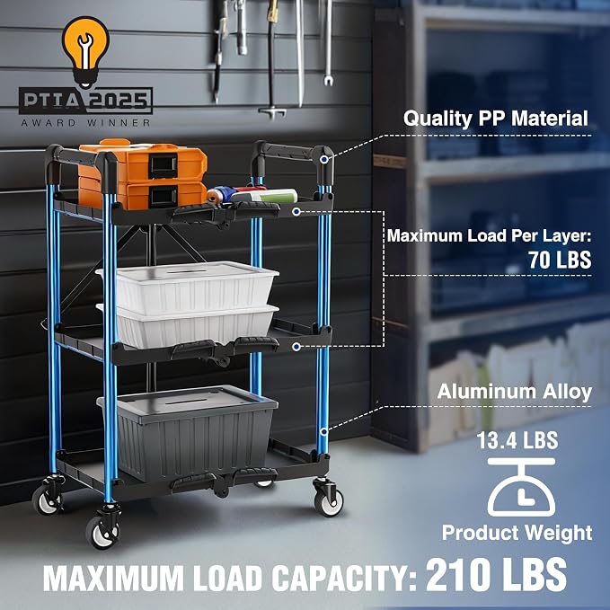 WORKPRO 3-Tier Collapsible Utility Cart, 210 LBS Cart with Wheels | No Assembly Required, Foldable Service Cart with Spacious Shelves for Garage, Warehouse, Office & Home Use, Black/Blue