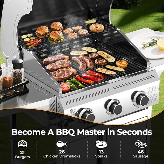 Cowsar Stainless Steel 3-Burner Propane Gas Grill, 24000BTU Last-Long BBQ Grill with Foldable Side Table, Stainless Steel Grate, Barbecue Grill for Outdoor Cooking, Backyard, Patio, Garden, Deck