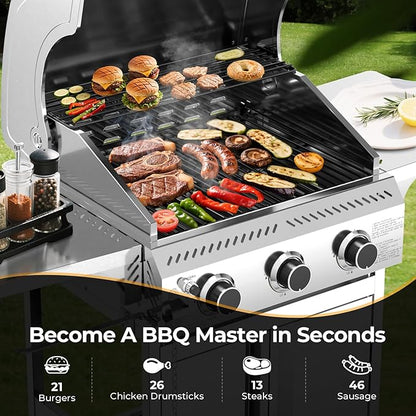 Cowsar Stainless Steel 3-Burner Propane Gas Grill, 24000BTU Last-Long BBQ Grill with Foldable Side Table, Stainless Steel Grate, Barbecue Grill for Outdoor Cooking, Backyard, Patio, Garden, Deck