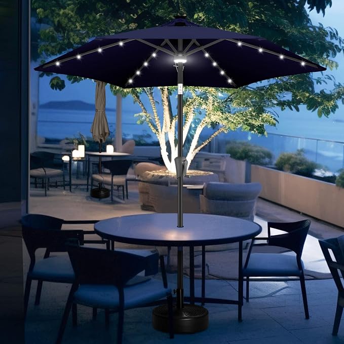 FLAME&SHADE Solar Patio Umbrella with Centre Light, 7.5 FT Navy Blue | UV Protection, Small Solar Outdoor Umbrella for Porch, Deck, Backyard, Garden, Provides Evening Lighting, 24 LED Lights