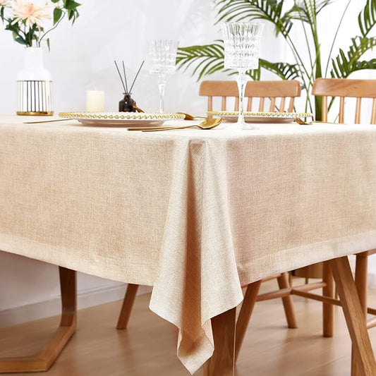 Wolkemer Faux Linen Rectangle Tablecloth Heavy Duty Wrinkle Resistant Fabric Table Cloths 60 x 84 Inch Beige Farmhouse Oblong Table Cover for Kitchen Dining Indoor Outdoor Tabletop Decoration