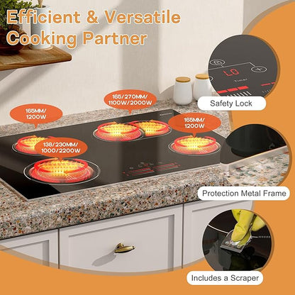 30 Inch Electric Cooktop, 4 Burner Electric Stove with Double Ring Burner & Extended Zone, 6600W Electrics Cooktop 220V-240V, 9 Power Levels, Slide Control, Safety Lock, Timer