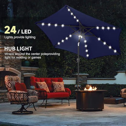 10 ft Solar Patio Umbrella Outdoor with Centre Light, Navy Blue | 24 LED Lights, UV Protection, Solar Outdoor Umbrella for Porch, Deck, Pool, Table, Garden, Provides Evening Lighting
