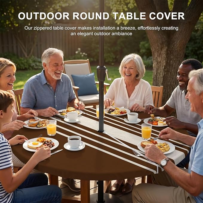 Outdoor Fitted Tablecloth with Umbrella Hole and Zipper, Brown Beige Striped Elastic Round Patio Table Cover, Farmhouse Retro Lines Modern Windproof Table Protector for Backyard BBQ Party 31''-35''