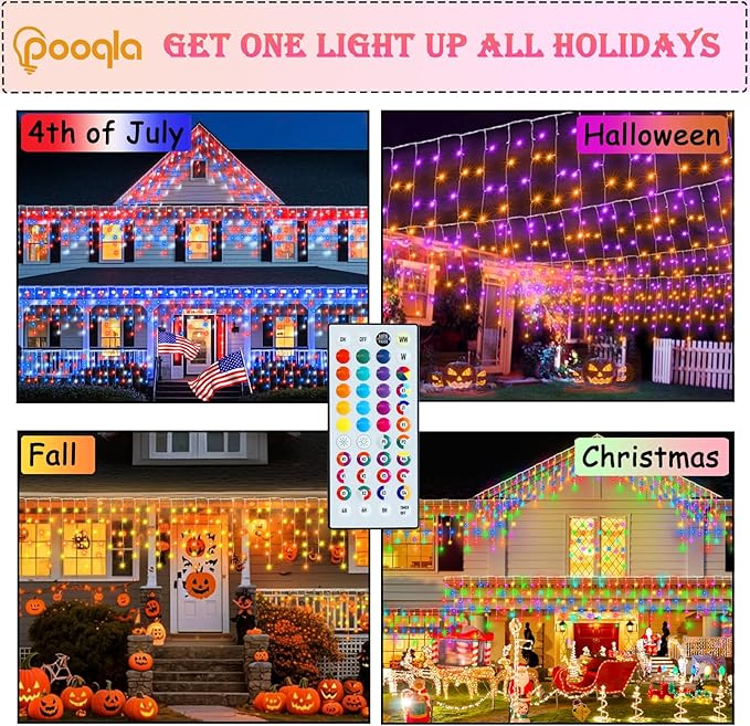 35 Colors Icicle Lights for Outside, 48FT Icicle Christmas Lights | Outdoor Roof Christmas Lights with Remote, Color Changing LED Hanging String Lights for Roof Window Halloween Decorations