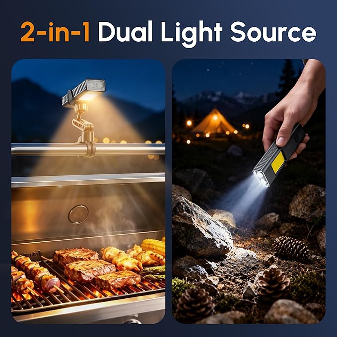 Magnetic Grill Light, 360° Flexible LED Work Light & Detachable Flashlight for BBQ, Car Repair, Camping, Heat Resistant alluiom Alloy, Heavy Duty Base