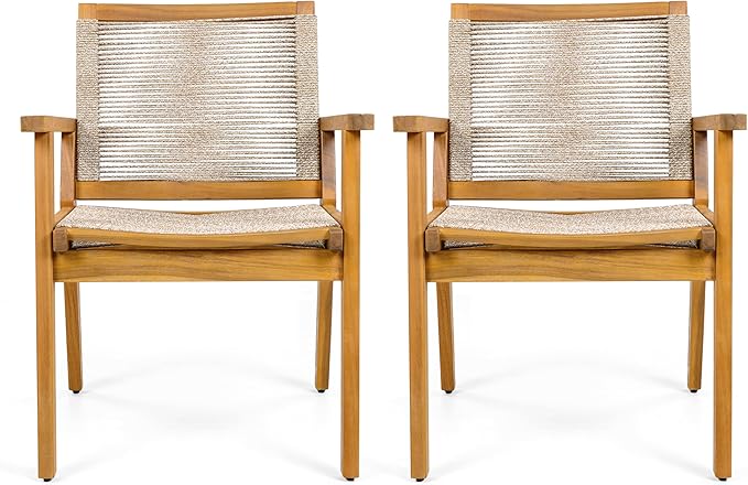 Christopher Knight Home Kita Acacia Wood Patio Dining Chairs Set of 2, Wooden Outdoor Dining Chair Set, Outdoor Kitchen Side Chair with Woven Rope, Teak+Dark Beige