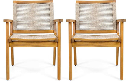 Christopher Knight Home Kita Acacia Wood Patio Dining Chairs Set of 2, Wooden Outdoor Dining Chair Set, Outdoor Kitchen Side Chair with Woven Rope, Teak+Dark Beige