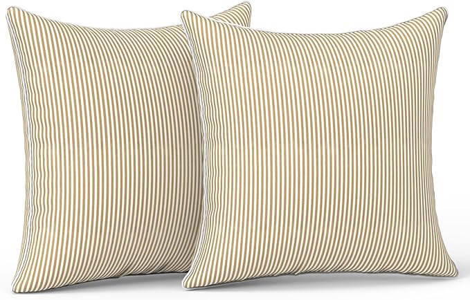 LVTXIII Outdoor/Indoor Pillow Covers, Patio Fade Resistant Throw Pillow Covers ONLY, Waterproof Farmhouse Accent Cushion Cases for Sofa Patio Couch Decoration 18"x18" Set of 2, Strip Beige
