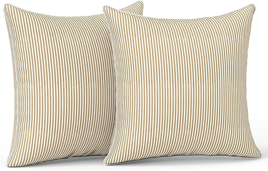 LVTXIII Outdoor/Indoor Pillow Covers, Patio Fade Resistant Throw Pillow Covers ONLY, Waterproof Farmhouse Accent Cushion Cases for Sofa Patio Couch Decoration 18"x18" Set of 2, Strip Beige