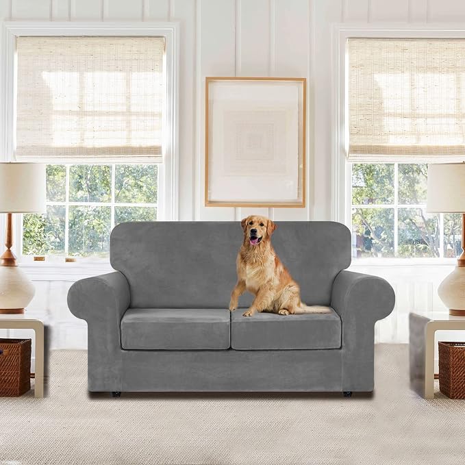 WEERRW Velvet Stretch 3 Pieces Couch Cover for Sofa Washable, Light Grey | Love Seat Couch Covers for 2 Cushion Couch Sofa Furniture Protector slipcoves with Elastic Bottom for Kids, Medium