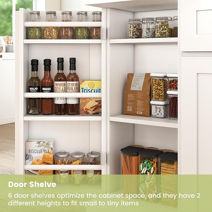 WAYTRIM Pantry Cabinet, White Kitchen Storage Cabinet with 4 Doors and Shelves, Kitchen Hutch Coffee Bar Cabinet with Drawers & Adjustable Shelves, Microwave Stand for Kitchen Dining Room Furniture