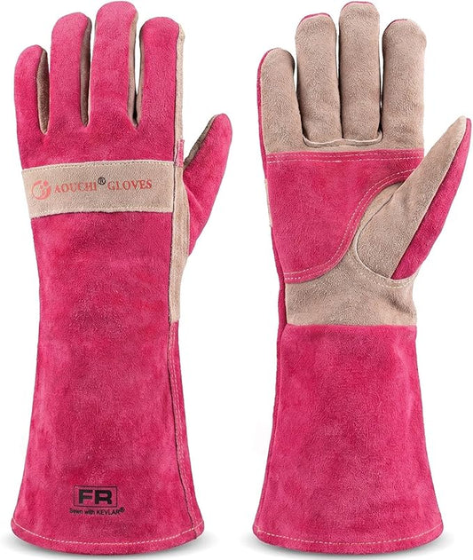 Long Gardening Gloves for Women, Leather Rose Pruning Gloves, Heat Resistant Durable Work Gloves for Yard Work, Welding, BBQ, Cooking, Fireplace and Chainsaw (Pink Medium)