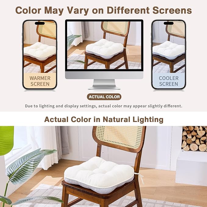 BETU White Chair Cushions for Dining Chairs Set of 6,3.5" Thick Kitchen Table Chair Pads with Ties,Non Slip Backing and Covers, Seat Cushion for Dining Room,Bar,Patio Chairs,15.5"X15.5"X3.5",White