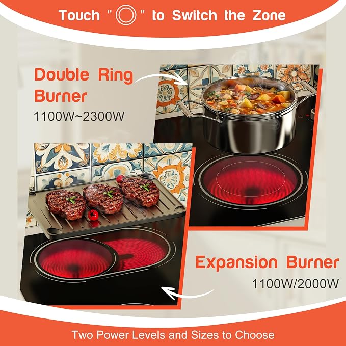 Electric Cooktop 30 Inch Knob Control, 6700W 240V Hard Wired | 4 Burner 30 Inches Glass Electric Stove Top Built-in, Dual & Expanded Ring, 9 Power Heating Levels, 220V No Plug