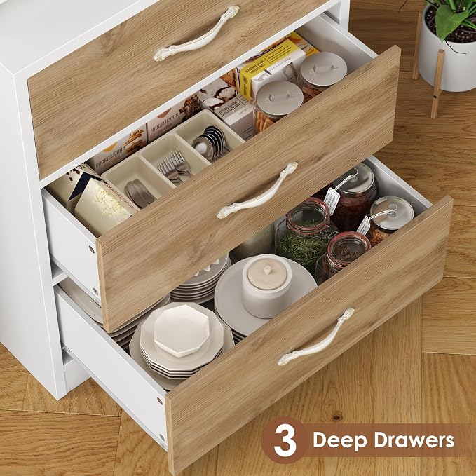 71“ Tall Kitchen Pantry Storage Cabinet with Microwave Stand, Buffet Kitchen Hutch with Shelves and Drawers, Wood Coffee Bar Pantry Cabinet with Glass Doors, for Dining Room/Small Space, Khaki