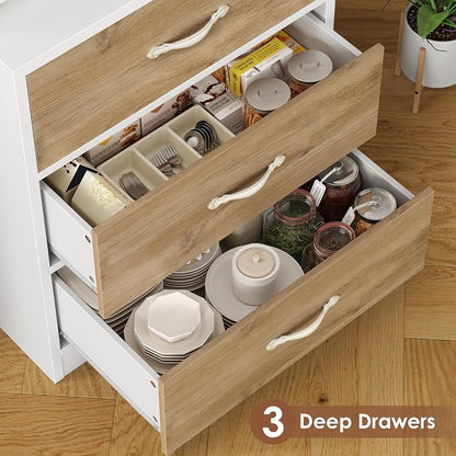 71“ Tall Kitchen Pantry Storage Cabinet with Microwave Stand, Buffet Kitchen Hutch with Shelves and Drawers, Wood Coffee Bar Pantry Cabinet with Glass Doors, for Dining Room/Small Space, Khaki