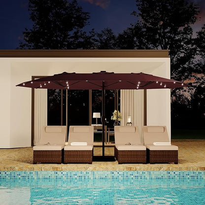 15FT Outdoor Patio Umbrella,Double-Sided Rectangle Market Umbrella with 36 LED Solar Lights & Base,UV50+ Weather-Resistant Oversized Outdoor Umbrella,Crank Lift,3-Way Shade for Pool,Garden,Backyard