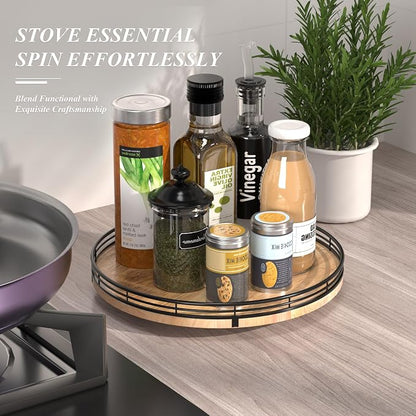 AMH 12-Inch Farmhouse Oak Lazy Susan Organizer | Smooth rotating oak tray with walnut finish for dining tables, kitchen counters, pantries and cabinet storage.