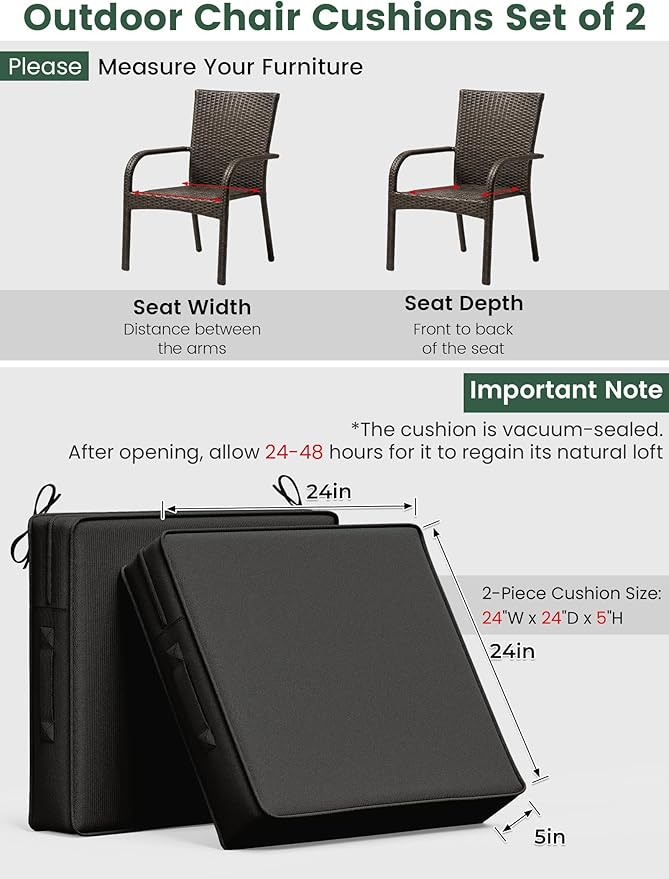 Outdoor Chair Cushion 24 x 24 x 5 Inches Patio Furniture Outdoor Waterproof Seat Cushion, Patio Chair Cushion with Handles and Ties, Square Dining Chair Cushion Set of 4, Black