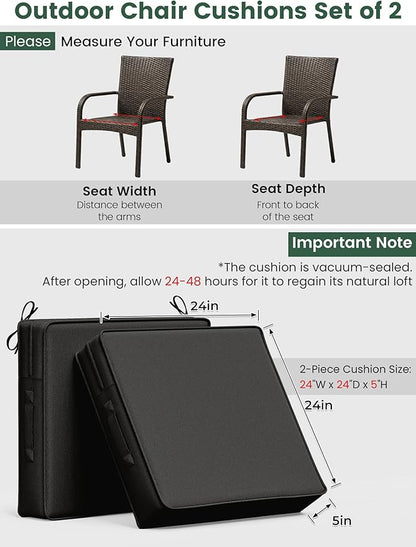 Outdoor Chair Cushion 24 x 24 x 5 Inches Patio Furniture Outdoor Waterproof Seat Cushion, Patio Chair Cushion with Handles and Ties, Square Dining Chair Cushion Set of 6, Black