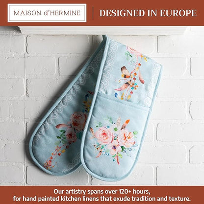 Maison d' Hermine Double Oven Mitts 100% Cotton 7"x35" Double Oven Mitt Heat Resistant BBQ Cooking Gloves with Loop Baking Grilling Kitchen Hotel Home Farmhouse Spring Summer (Ibiza - Blue)