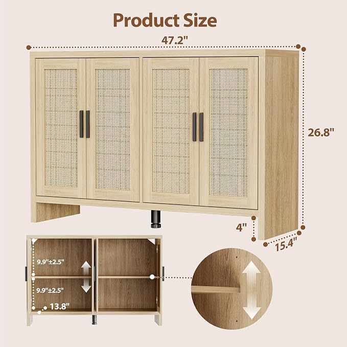 Rattan Buffet Cabinet with Storage, Sideboard with Doors, Console Table, Farmhouse Coffee Bar, Modern Wood Long Cabinets (Oak)
