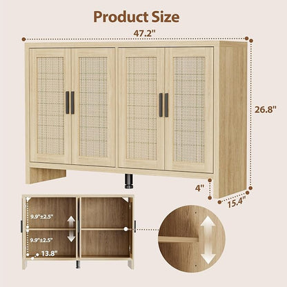 Rattan Buffet Cabinet with Storage, Sideboard with Doors, Console Table, Farmhouse Coffee Bar, Modern Wood Long Cabinets (Oak)