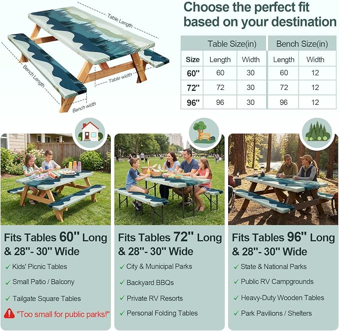 Picnic Table Cover Bench Covers Camping Essentials Tablecloth | Waterproof Vinyl for Outdoor, Windproof Elastic Fitted Edges, RV BBQ Accessories Must Haves, Storage Bag Included