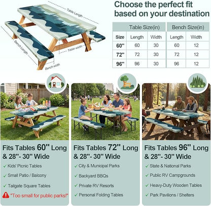 Picnic Table Cover Bench Covers Camping Essentials Tablecloth | Waterproof Vinyl for Outdoor, Windproof Elastic Fitted Edges, RV BBQ Accessories Must Haves, Storage Bag Included