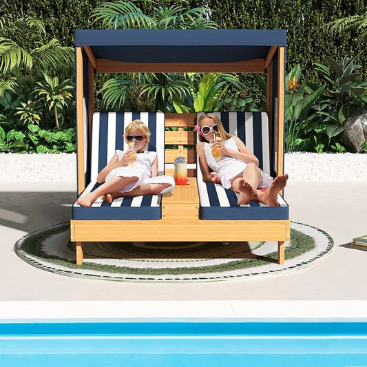 COSTWAY Kids Double Chaise Lounge Outdoor, 2-Seat Patio Lounge Chair with Cup Holders & Cushions, Kids Pool Lounger with Canopy, Wood Patio Furniture for Children Boys Girls 3 Year Old (Navy)