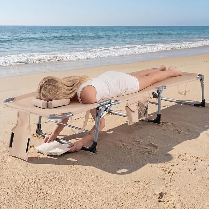 COSTWAY Tanning Chair with Face Hole, Folding Beach Lounge Chair with 4-Position Adjustable Backrest, Pillow & Side Pocket, Foldable Chaise Lounge Chair Outdoor for Sunbathing, Camping (2, Beige)