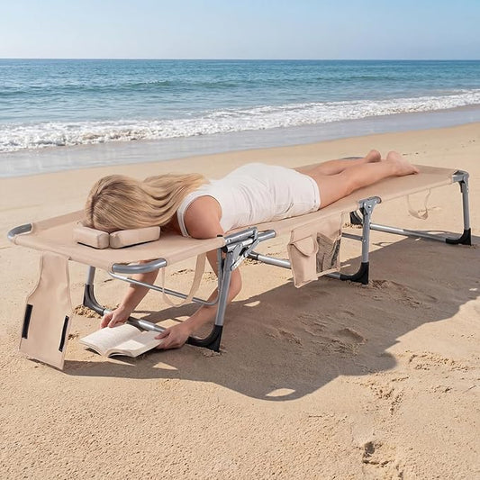 COSTWAY Tanning Chair with Face Hole, Folding Beach Lounge Chair with 4-Position Adjustable Backrest, Pillow & Side Pocket, Foldable Chaise Lounge Chair Outdoor for Sunbathing, Camping (2, Beige)