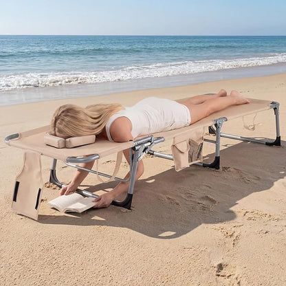 COSTWAY Tanning Chair with Face Hole, Folding Beach Lounge Chair with 4-Position Adjustable Backrest, Pillow & Side Pocket, Foldable Chaise Lounge Chair Outdoor for Sunbathing, Camping (1, Beige)