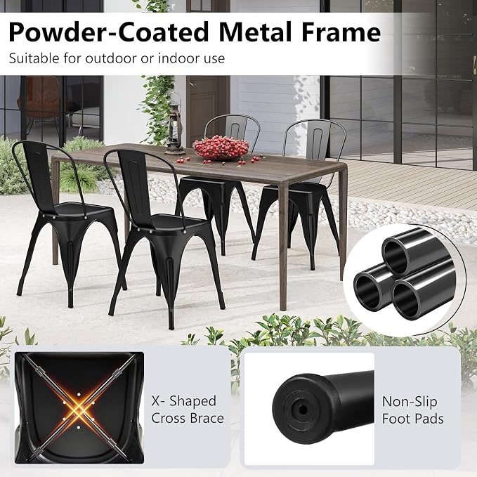 COSTWAY Stackable Metal Dining Chairs Set of 4 with Back, Indoor & Outdoor | Black, Industrial Vintage Style, Breathable Seat, High Backrest, for Dining Room, Kitchen, Bar, Cafe, Bistro, Restaurant