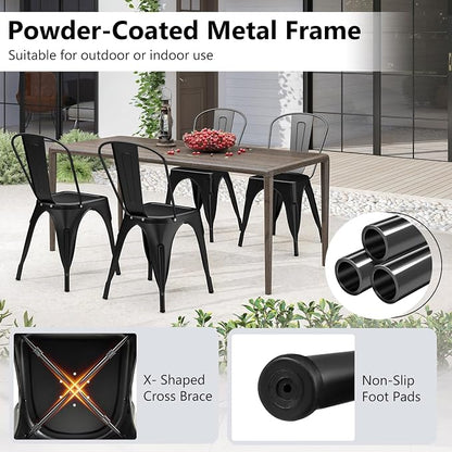 COSTWAY Stackable Metal Dining Chairs Set of 4 with Back, Indoor & Outdoor | Black, Industrial Vintage Style, Breathable Seat, High Backrest, for Dining Room, Kitchen, Bar, Cafe, Bistro, Restaurant