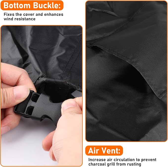 Upgraded Round Grill Cover for Weber 18" and Most Charcoal Kettle | 600D Heavy Duty,Waterproof,Windproof,UV Protection,Ventilation & Wind-Resistant Straps