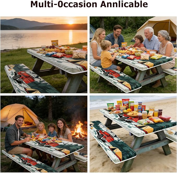 3 Piece Picnic Table Cover with Bench Covers for Outdoor, Patio, 30x72 Inch | Camping Table Cloth Waterproof Windproof with Elastic Edges & Drawstring Bag, Fitted Rectangle Tables and Seat Covers
