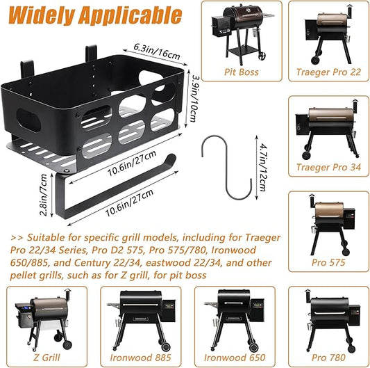 Storage Bin for Traeger Grills with Hooks and Paper Towel Holder for Traeger Pro 22/34/780/575, Ironwood 650/885, Eastwood 22/34, for Pit Boss, for Z Grill and Others