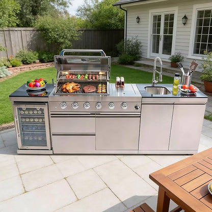 98" Rolling Outdoor Kitchen Island with Built-In 4 Burners 72,000 BTU Stainless Steel Gas Grill Featuring Rotisserie Oven,Granite Countertops,Beverage Fridge,Sink.(Silver + Fridge + Sink, Propane Gas)